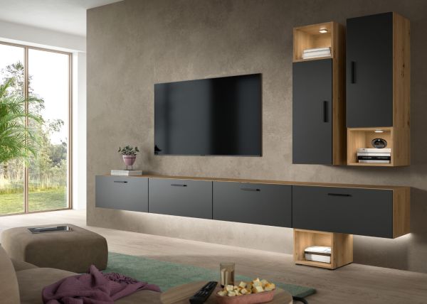 Wohnwand Onawa in Grau und Artisan Eiche Wohnkombination h�ngend / stehend 300 x 178 cm