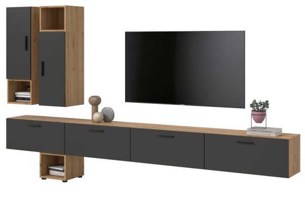 Wohnwand Onawa in Grau und Artisan Eiche Wohnkombination h�ngend / stehend 300 x 178 cm