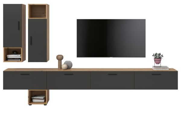 Wohnwand Onawa in Grau und Artisan Eiche Wohnkombination h�ngend / stehend 300 x 178 cm