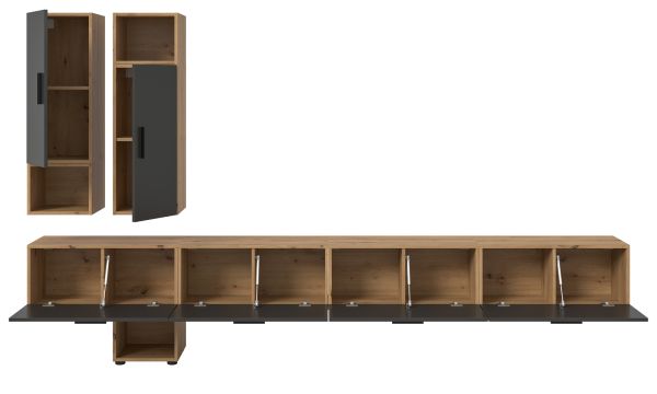 Wohnwand Onawa in Grau und Artisan Eiche Wohnkombination h�ngend / stehend 300 x 178 cm