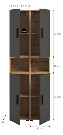 Stauraumschrank Onawa in Grau und Artisan Eiche Mehrzweckschrank 65 x 178 cm