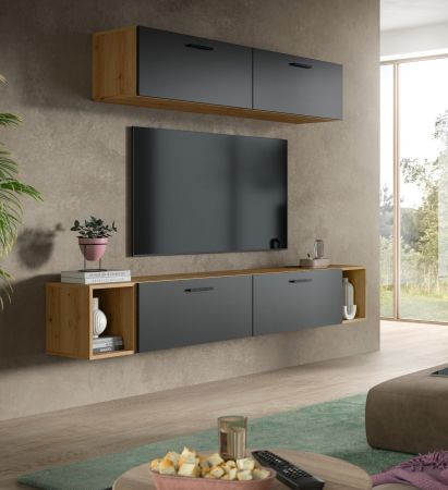 Wohnwand Onawa in Grau und Artisan Eiche Wohnkombination 202 x 184 cm, Soft-Close