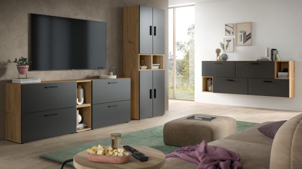 Wohnwand Onawa in Grau und Artisan Eiche Wohnkombination 202 x 184 cm, Soft-Close