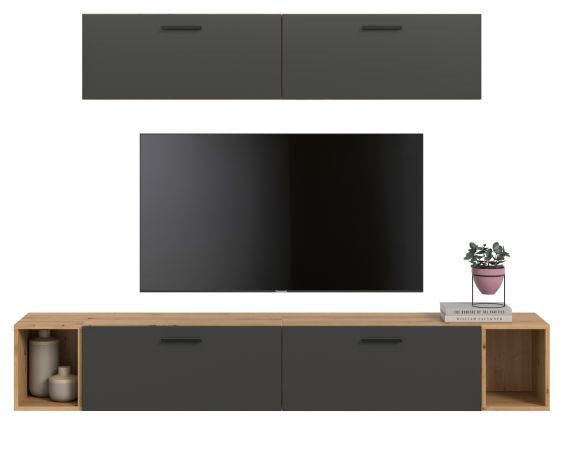 Wohnwand Onawa in Grau und Artisan Eiche Wohnkombination 202 x 184 cm, Soft-Close