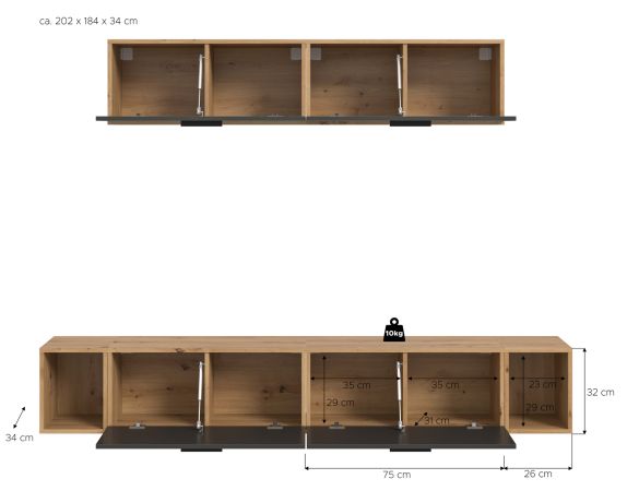 Wohnwand Onawa in Grau und Artisan Eiche Wohnkombination 202 x 184 cm, Soft-Close