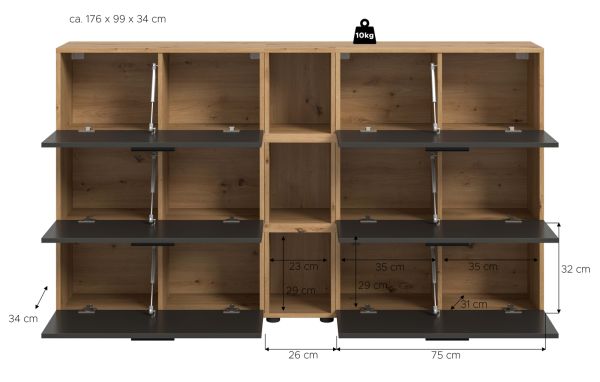 Sideboard Onawa in Grau und Artisan Eiche Kommode 176 cm, Soft-Close