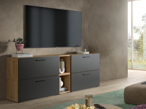 TV-Lowboard Onawa in Grau und Artisan Eiche TV-Unterteil h�ngend / stehend 176 cm, Soft-Close