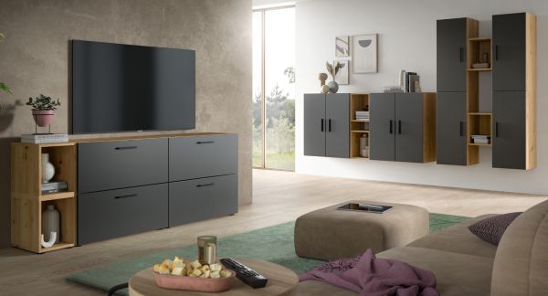 TV-Lowboard Onawa in Grau und Artisan Eiche TV-Unterteil h�ngend / stehend 176 cm, Soft-Close