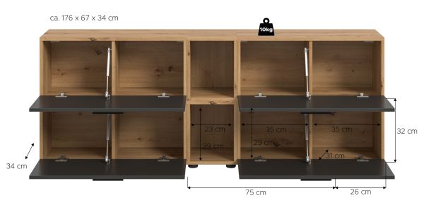 TV-Lowboard Onawa in Grau und Artisan Eiche TV-Unterteil h�ngend / stehend 176 cm, Soft-Close