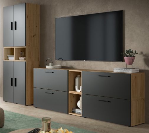 Wohnwand Onawa in Grau und Artisan Eiche Wohnkombination 256 x 178 cm, Soft-Close