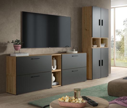 Wohnwand Onawa in Grau und Artisan Eiche Wohnkombination 256 x 178 cm, Soft-Close
