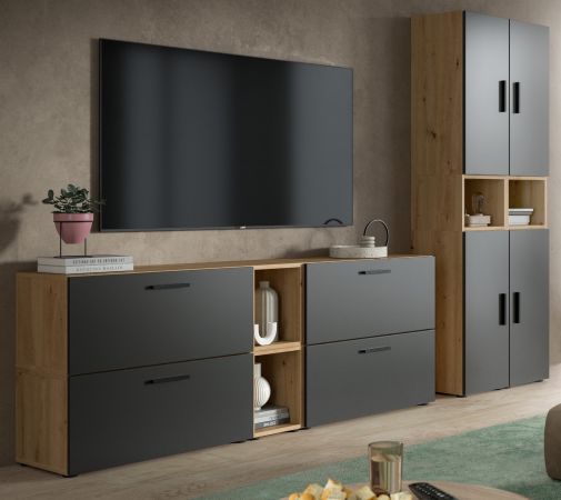 Wohnwand Onawa in Grau und Artisan Eiche Wohnkombination 256 x 178 cm, Soft-Close