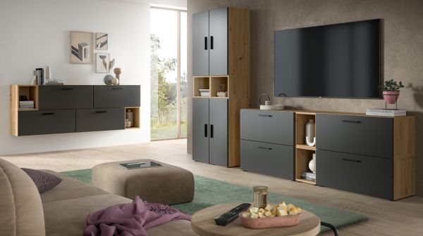 Wohnwand Onawa in Grau und Artisan Eiche Wohnkombination 256 x 178 cm, Soft-Close