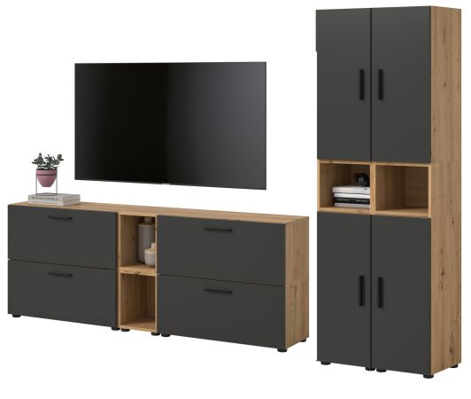 Wohnwand Onawa in Grau und Artisan Eiche Wohnkombination 256 x 178 cm, Soft-Close