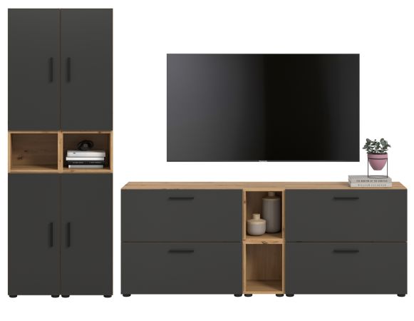 Wohnwand Onawa in Grau und Artisan Eiche Wohnkombination 256 x 178 cm, Soft-Close