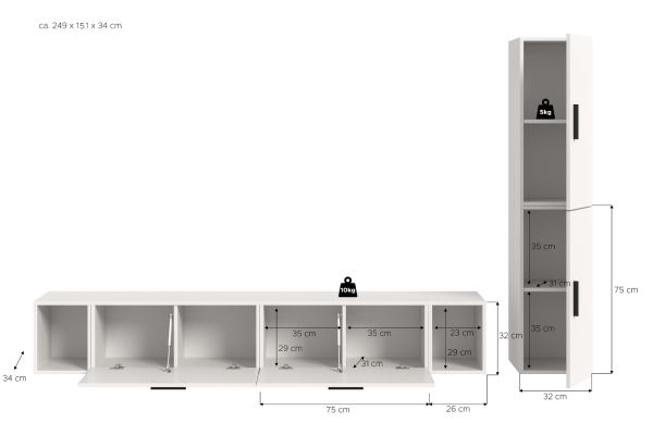 Wohnwand Onawa in wei� Wohnkombination h�ngend / stehend 249 x 184 cm