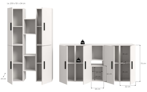Wohnwand Onawa in wei� Wohnkombination h�ngend / stehend 259 x 184 cm