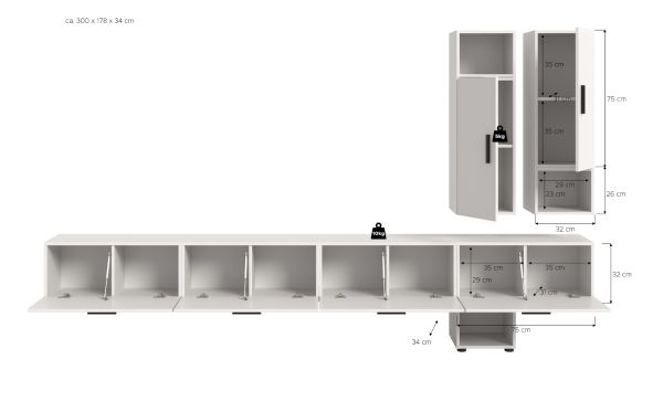 Wohnwand Onawa in wei� Wohnkombination h�ngend / stehend 300 x 178 cm
