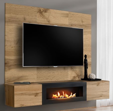 TV-Lowboard Set Public in Wotan Eiche, Flat-TV Unterschrank h�ngend mit Ethanol Kamin und Akustikpaneel, 180 cm