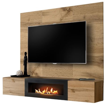 TV-Lowboard Set Public in Wotan Eiche, Flat-TV Unterschrank h�ngend mit Ethanol Kamin und Akustikpaneel, 180 cm