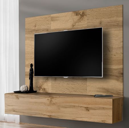 TV-Lowboard Set Public in Wotan Eiche, Flat-TV Unterschrank h�ngend mit Akustikpaneel, 180 cm