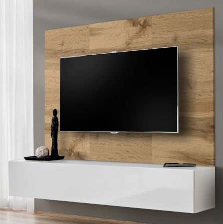 TV-Lowboard Set Public in Wotan Eiche und wei�, Flat-TV Unterschrank h�ngend mit Akustikpaneel, 180 cm