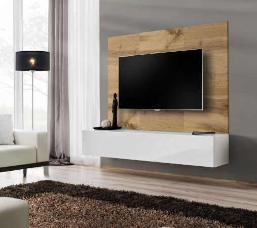TV-Lowboard Set Public in Wotan Eiche und wei�, Flat-TV Unterschrank h�ngend mit Akustikpaneel, 180 cm