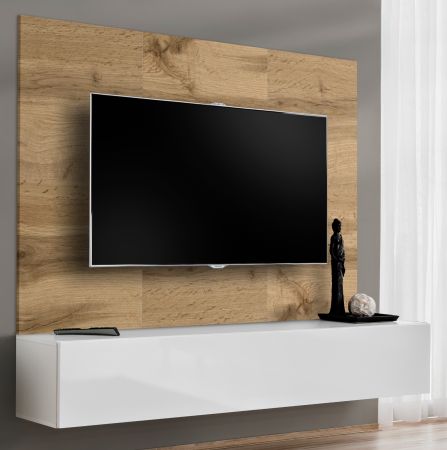 TV-Lowboard Set Public in Wotan Eiche und wei�, Flat-TV Unterschrank h�ngend mit Akustikpaneel, 180 cm
