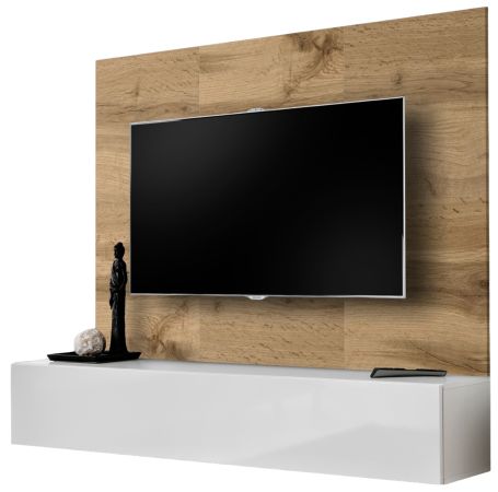 TV-Lowboard Set Public in Wotan Eiche und wei�, Flat-TV Unterschrank h�ngend mit Akustikpaneel, 180 cm