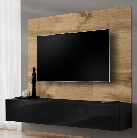 TV-Lowboard Set Public in Wotan Eiche und schwarz, Flat-TV Unterschrank h�ngend mit Akustikpaneel, 180 cm