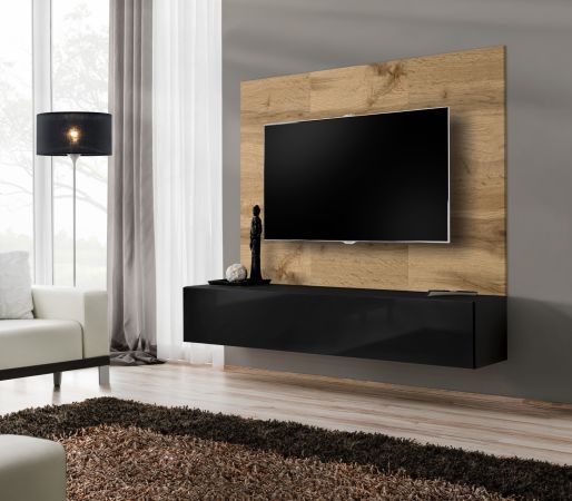 TV-Lowboard Set Public in Wotan Eiche und schwarz, Flat-TV Unterschrank h�ngend mit Akustikpaneel, 180 cm