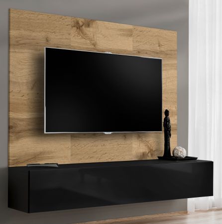 TV-Lowboard Set Public in Wotan Eiche und schwarz, Flat-TV Unterschrank h�ngend mit Akustikpaneel, 180 cm