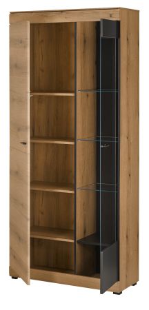 Vitrine Assina in Evoke Eiche und grau matt Vitrinenschrank 90 x 201 cm, Soft-Close