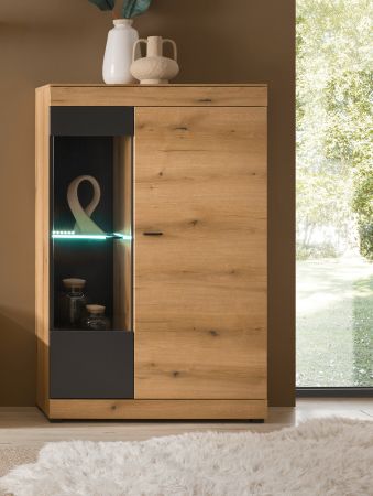 Vitrine Assina in Evoke Eiche und grau matt Vitrinenschrank 90 x 141 cm, Soft-Close