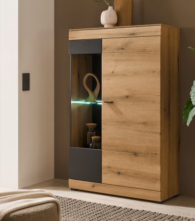 Vitrine Assina in Evoke Eiche und grau matt Vitrinenschrank 90 x 141 cm, Soft-Close
