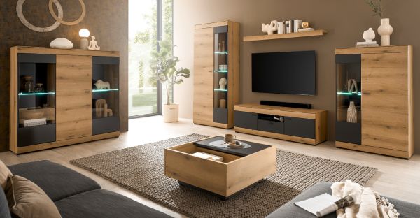Vitrine Assina in Evoke Eiche und grau matt Vitrinenschrank 90 x 141 cm, Soft-Close