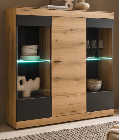 Highboard Assina in Evoke Eiche und grau matt Vitrine 140 x 141 cm, Soft-Close