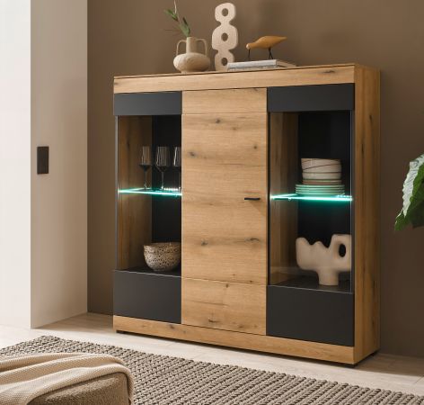 Highboard Assina in Evoke Eiche und grau matt Vitrine 140 x 141 cm, Soft-Close