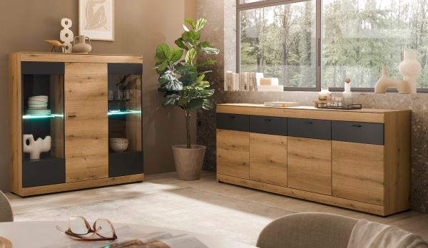 Highboard Assina in Evoke Eiche und grau matt Vitrine 140 x 141 cm, Soft-Close