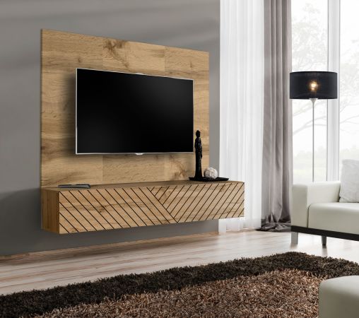 TV-Lowboard Set Public in Wotan Eiche und schwarz, Flat-TV Unterschrank h�ngend mit Akustikpaneel, 180 x 148 cm