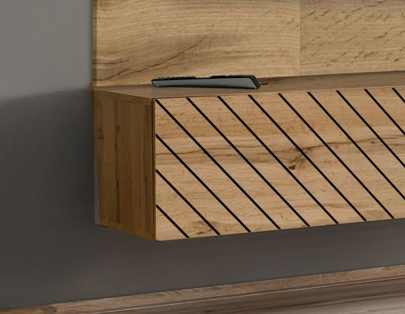 TV-Lowboard Set Public in Wotan Eiche und schwarz, Flat-TV Unterschrank h�ngend mit Akustikpaneel, 180 x 148 cm