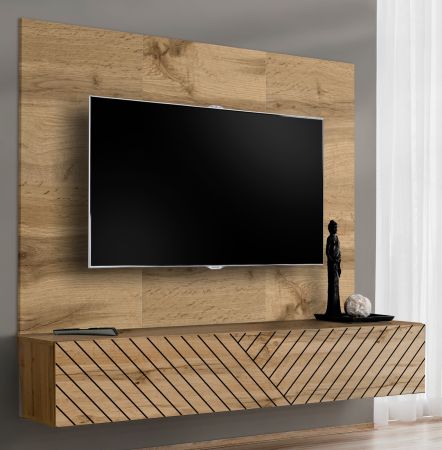 TV-Lowboard Set Public in Wotan Eiche und schwarz, Flat-TV Unterschrank h�ngend mit Akustikpaneel, 180 x 148 cm