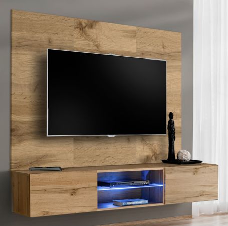 TV-Lowboard Set Public in Wotan Eiche, Flat-TV Unterschrank h�ngend mit LED und Akustikpaneel, 180 cm