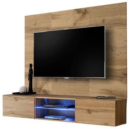 TV-Lowboard Set Public in Wotan Eiche, Flat-TV Unterschrank h�ngend mit LED und Akustikpaneel, 180 cm