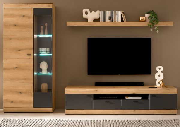 Wohnwand Assina in Evoke Eiche und grau matt Wohnkombination 300 x 201 cm, Soft-Close
