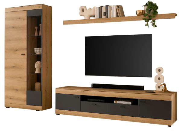 Wohnwand Assina in Evoke Eiche und grau matt Wohnkombination 300 x 201 cm, Soft-Close