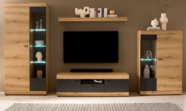 Wohnwand Assina in Evoke Eiche und grau matt Wohnkombination 350 x 201 cm, Soft-Close