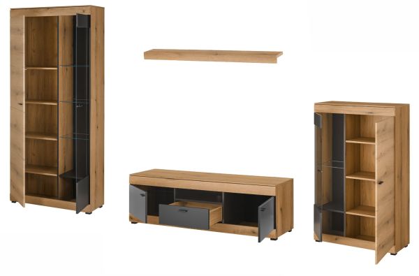 Wohnwand Assina in Evoke Eiche und grau matt Wohnkombination 350 x 201 cm, Soft-Close