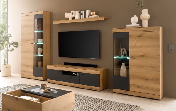 Wohnwand Assina in Evoke Eiche und grau matt Wohnkombination 350 x 201 cm, Soft-Close