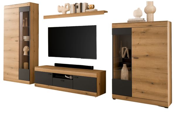 Wohnwand Assina in Evoke Eiche und grau matt Wohnkombination 350 x 201 cm, Soft-Close